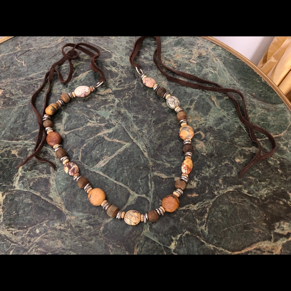 Enaz brown stone belt/necklace w/brown suede ties